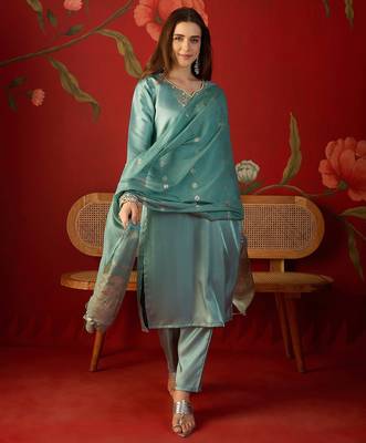  sea green roman glass kurti pant set with heavy jacquard dupatta 3