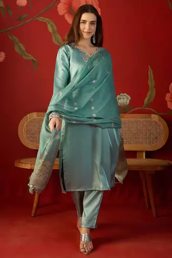  sea green roman glass kurti pant set with heavy jacquard dupatta