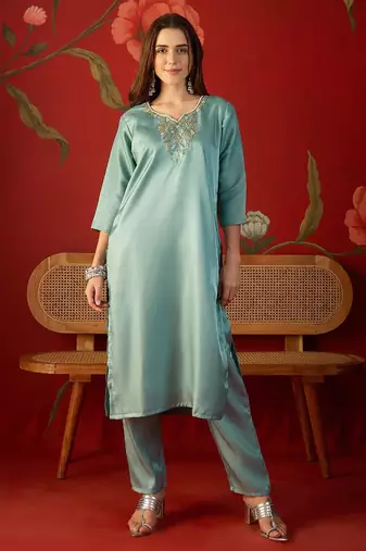  sea green roman glass kurti pant set with heavy jacquard dupatta