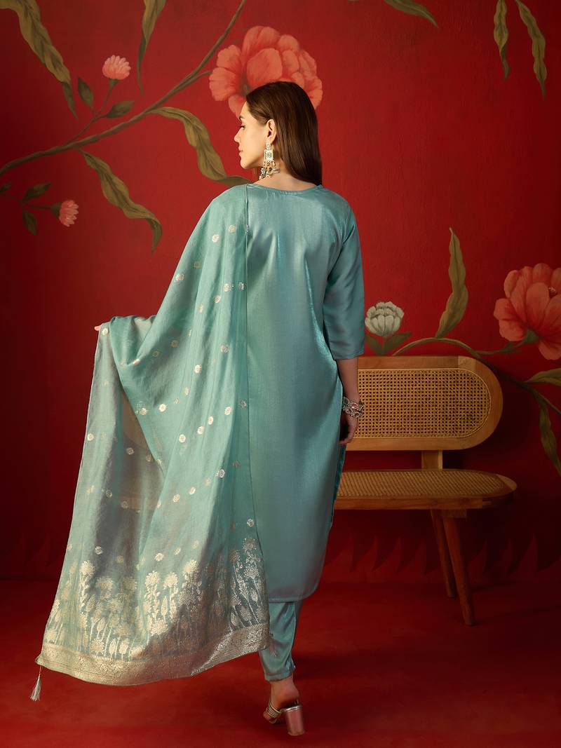  sea green roman glass kurti pant set with heavy jacquard dupatta