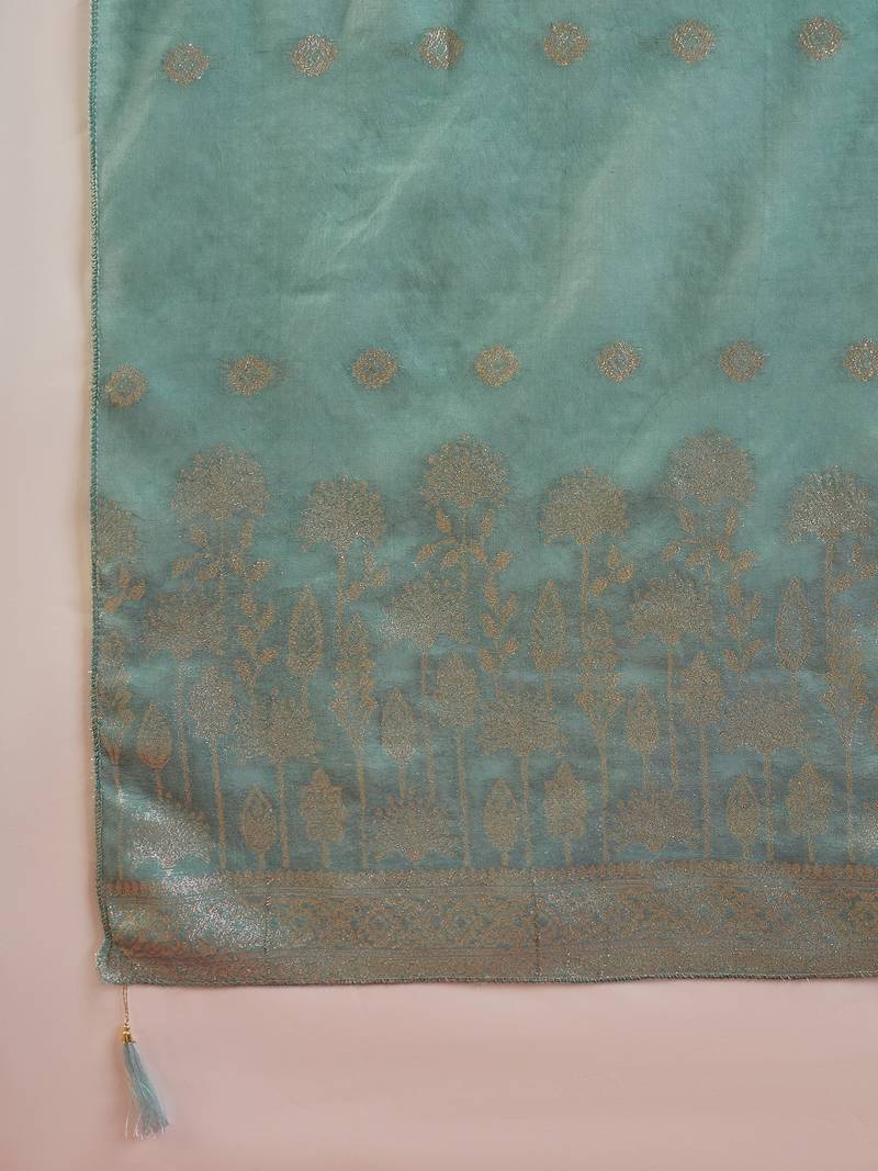  sea green roman glass kurti pant set with heavy jacquard dupatta