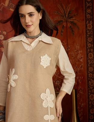 Beige cotton shirt with jute cotton koti & pant co-ord set 2
