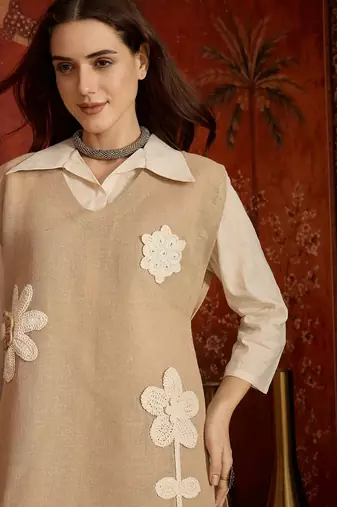 Beige cotton shirt with jute cotton koti & pant co-ord set