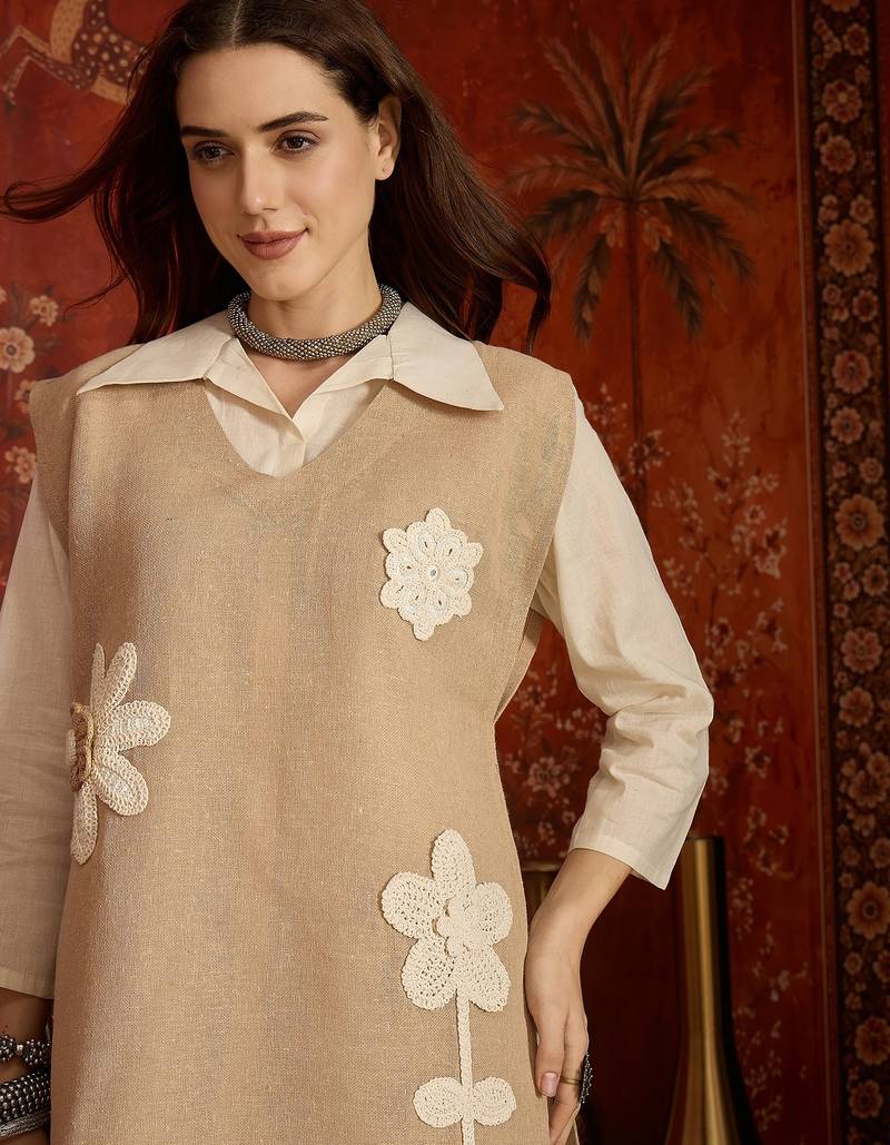 Beige cotton shirt with jute cotton koti & pant co-ord set