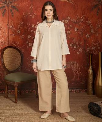 Beige cotton shirt with jute cotton koti & pant co-ord set 3