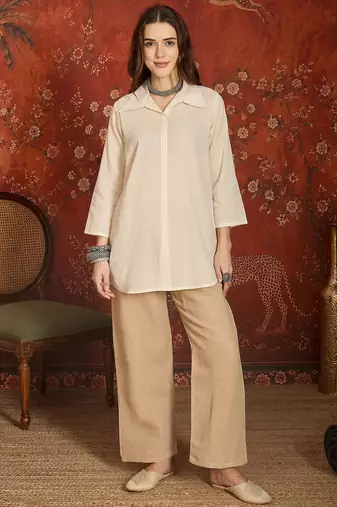 Beige cotton shirt with jute cotton koti & pant co-ord set