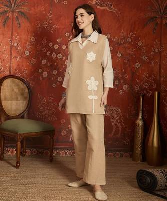Beige cotton shirt with jute cotton koti & pant co-ord set 4