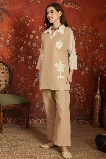 Beige cotton shirt with jute cotton koti & pant co-ord set