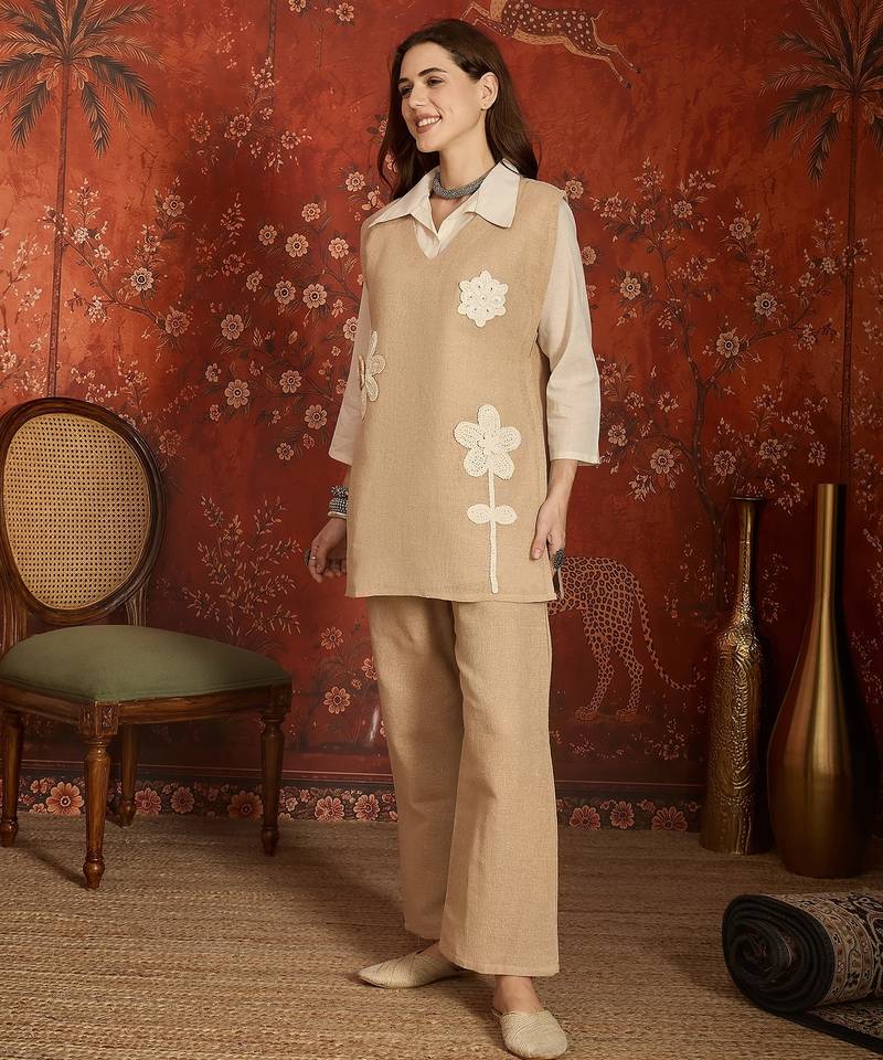 Beige cotton shirt with jute cotton koti & pant co-ord set