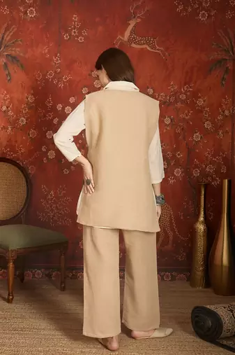 Beige cotton shirt with jute cotton koti & pant co-ord set