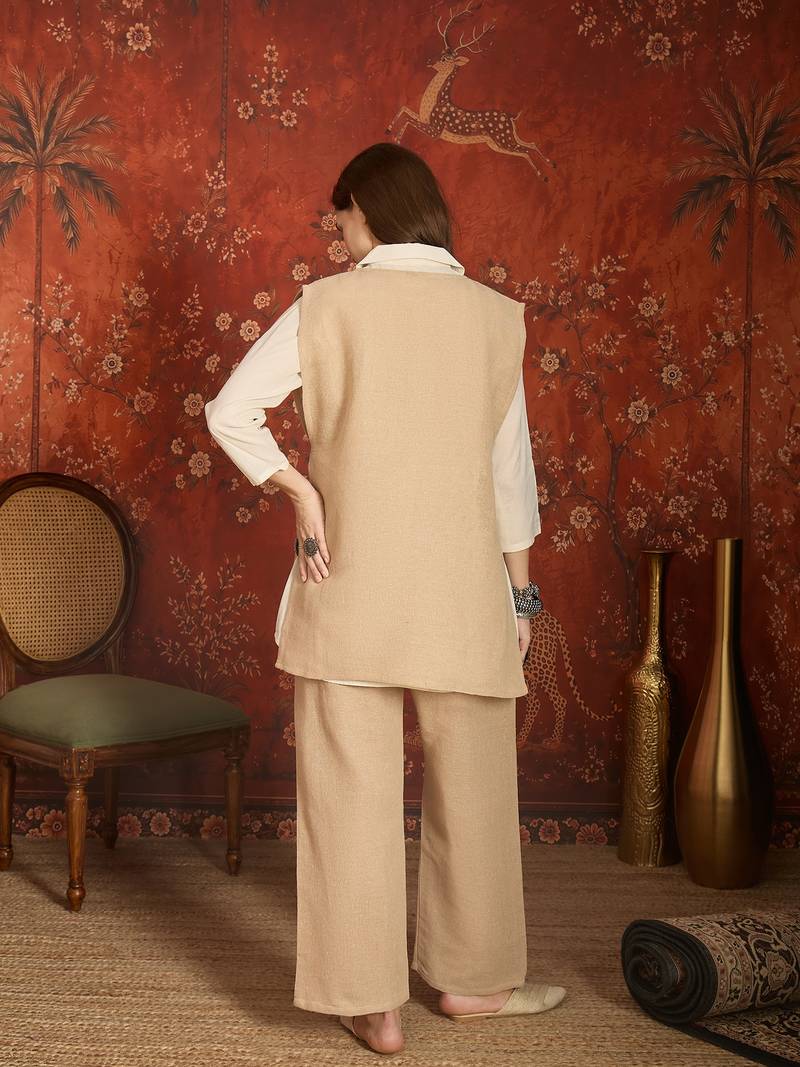 Beige cotton shirt with jute cotton koti & pant co-ord set