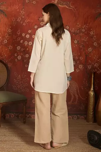 Beige cotton shirt with jute cotton koti & pant co-ord set