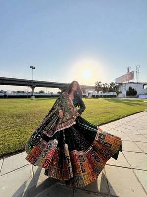 Green Navratri Designer Mirror Work Lehenga 1
