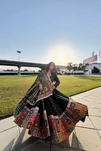 Green Navratri Designer Mirror Work Lehenga