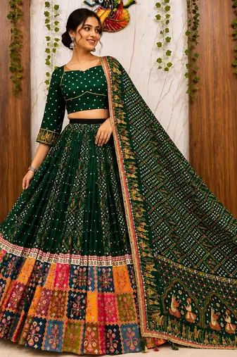 Green Navratri Designer Mirror Work Lehenga