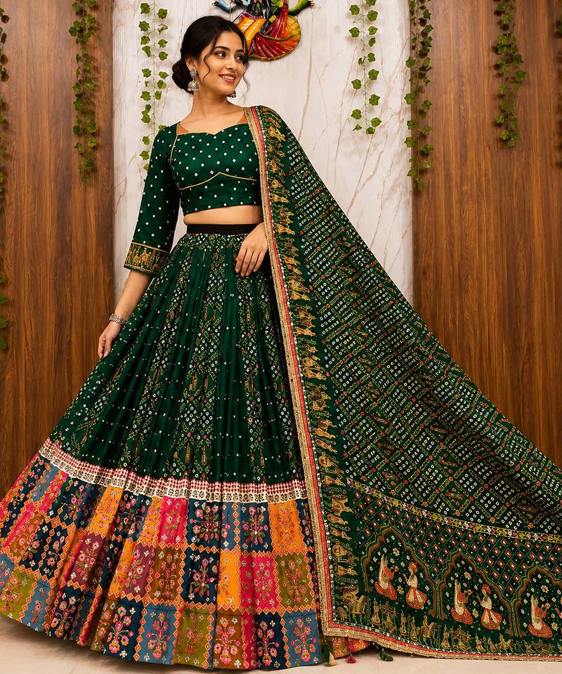 Green Navratri Designer Mirror Work Lehenga