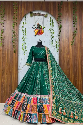Green Navratri Designer Mirror Work Lehenga