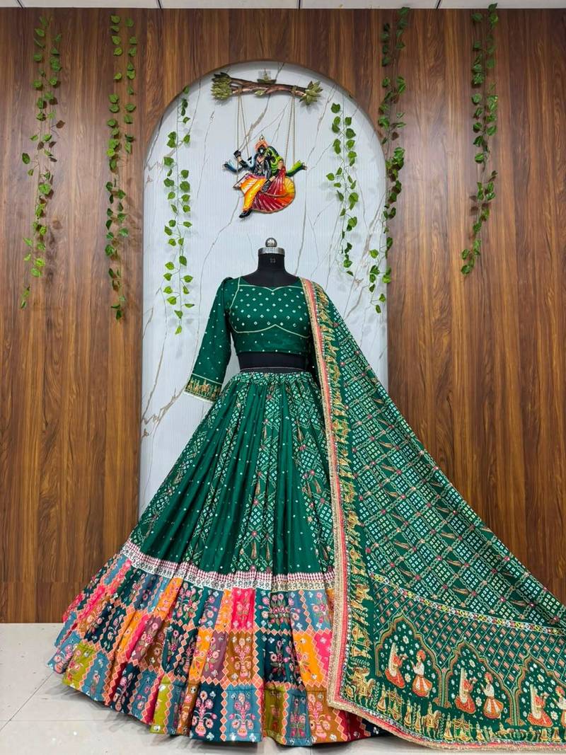Green Navratri Designer Mirror Work Lehenga