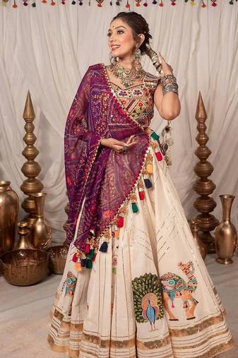 Peach Navratri Embroidery Chaniya Choli