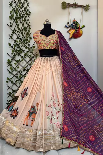 Peach Navratri Embroidery Chaniya Choli