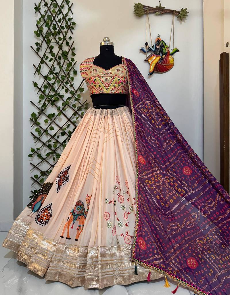 Peach Navratri Embroidery Chaniya Choli