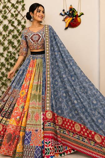 Blue Navratri Mirror Work Chaniya Choli