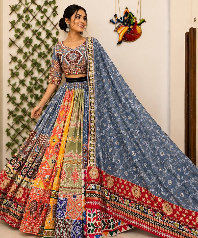 Blue Navratri Mirror Work Chaniya Choli