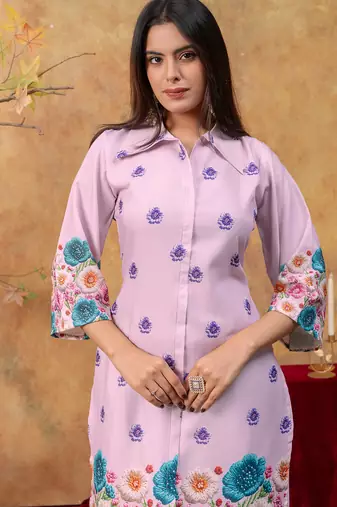 Lavender cotton soft-tone printed kurta pant set with floral print & side pocket