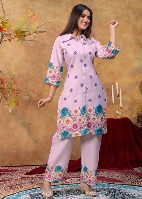Lavender cotton soft-tone printed kurta pant set with floral print & side pocket 3
