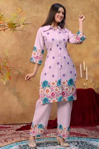 Lavender cotton soft-tone printed kurta pant set with floral print & side pocket