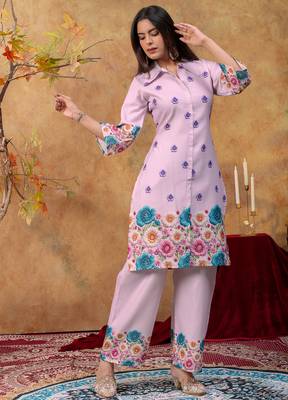 Lavender cotton soft-tone printed kurta pant set with floral print & side pocket 4
