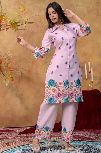 Lavender cotton soft-tone printed kurta pant set with floral print & side pocket