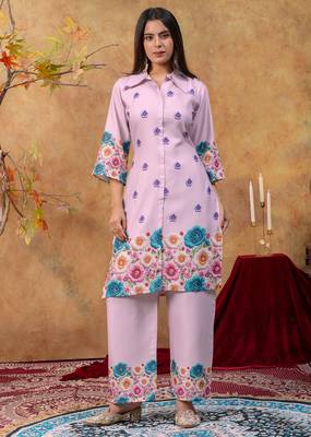 Lavender cotton soft-tone printed kurta pant set with floral print & side pocket 5