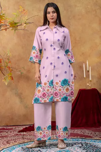 Lavender cotton soft-tone printed kurta pant set with floral print & side pocket