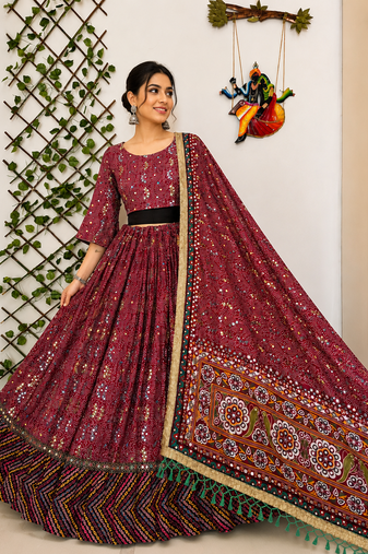 wine cotton navratri special mirror work chaniya choli