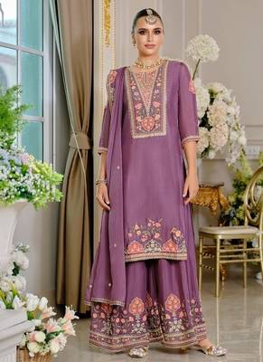 Purple embroidered chinon free size stitched palazzo style salwar suit 1