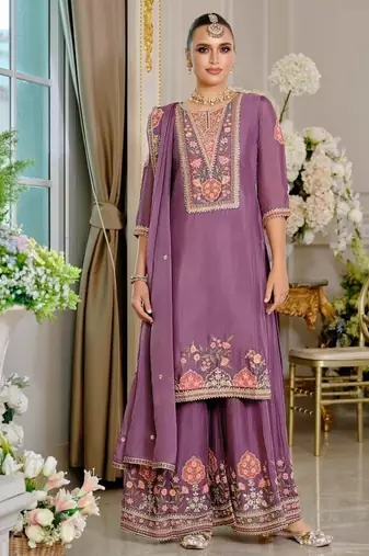 Purple embroidered chinon free size stitched palazzo style salwar suit