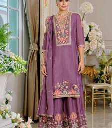 Purple embroidered chinon free size stitched palazzo style salwar suit