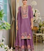 Purple embroidered chinon free size stitched palazzo style salwar suit