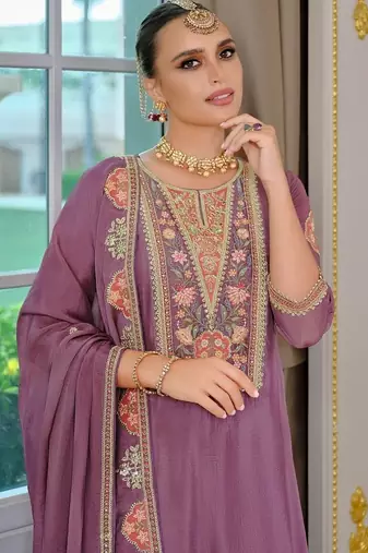 Purple embroidered chinon free size stitched palazzo style salwar suit