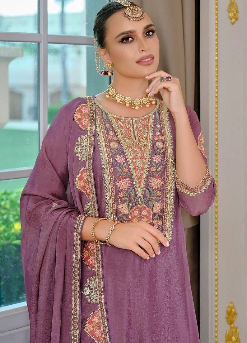 Purple embroidered chinon free size stitched palazzo style salwar suit