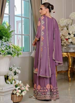 Purple embroidered chinon free size stitched palazzo style salwar suit 3