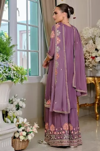 Purple embroidered chinon free size stitched palazzo style salwar suit