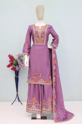 Purple embroidered chinon free size stitched palazzo style salwar suit