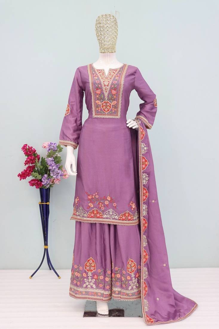 Purple embroidered chinon free size stitched palazzo style salwar suit