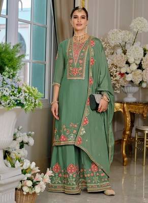 Green embroidered chinon free size stitched palazzo style salwar suit 1