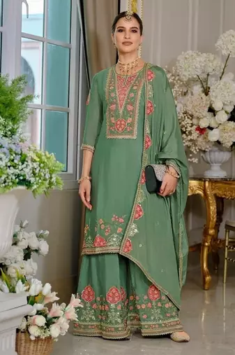 Green embroidered chinon free size stitched palazzo style salwar suit