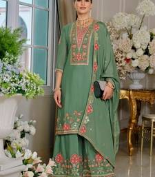 Green embroidered chinon free size stitched palazzo style salwar suit