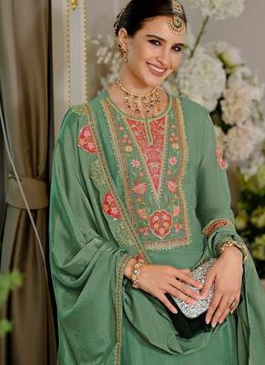 Green embroidered chinon free size stitched palazzo style salwar suit 2