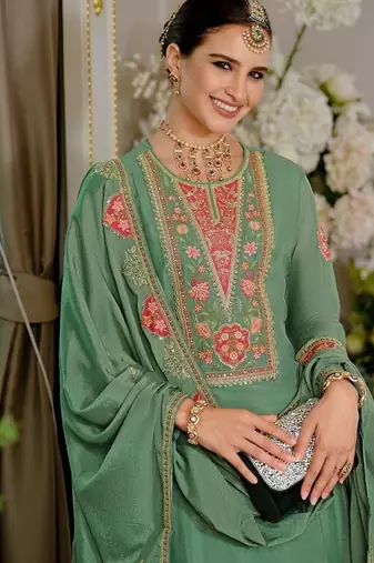 Green embroidered chinon free size stitched palazzo style salwar suit